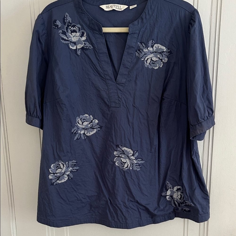 Blue Embroidered Floral Top